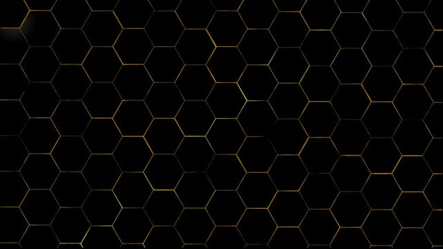 4k Abstract luxury honeycomb Black gradient striped hexagon geometry background. Futuristic triangles digital mesh cyber grid. Carbon gold metallic stripes. Geometric sci-fi graphic motion animation.