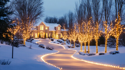 Outdoor Christmas lights lining a winding pathway, creating a welcoming glow through a snow-covered neighborhood