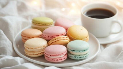 Fototapeta premium A platter of assorted macarons in pastel colors, Macarons on platter, Soft diffused lighting highlighting the delicate texture