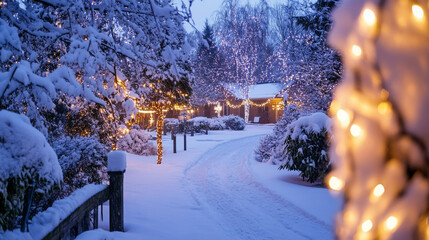 Outdoor Christmas lights lining a winding pathway, creating a welcoming glow through a snow-covered neighborhood
