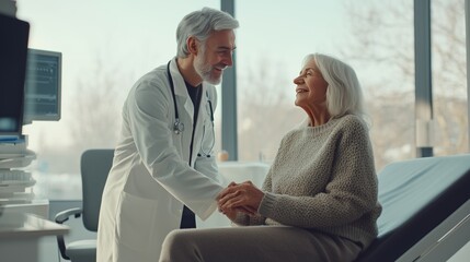 Fototapeta premium In a bright clinic, a compassionate doctor reassures an older woman, showcasing their trusting bond.