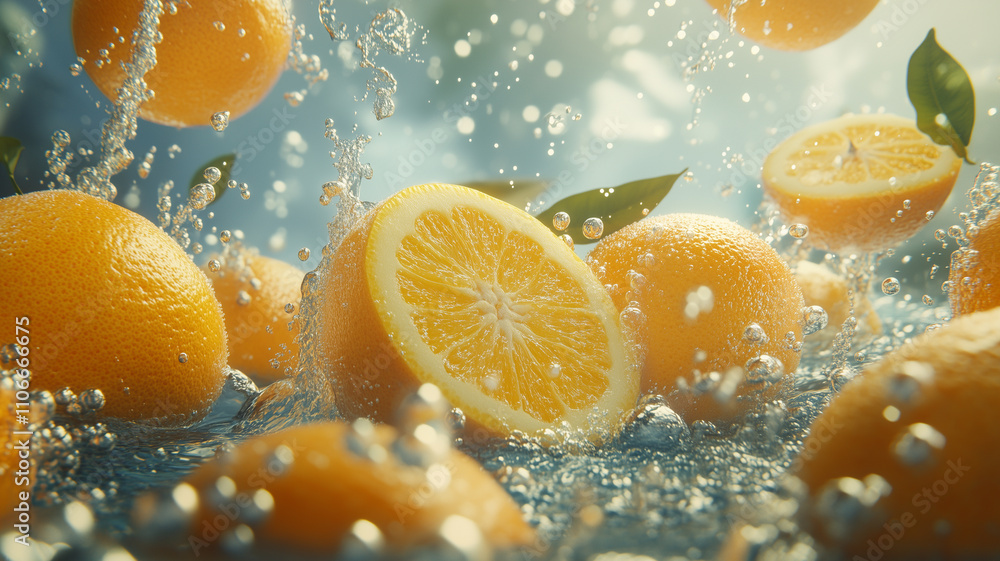 Poster fresh oranges splashing in water, creating vibrant and refreshing scene