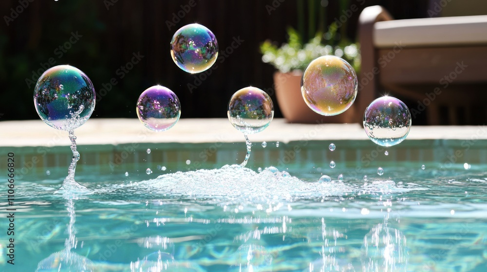 Poster bubbles floating above a sparkling pool surface, creating a playful and serene atmosphere.