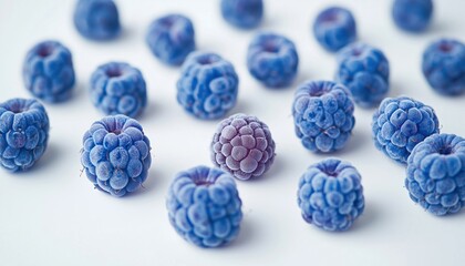 White Background Adorned With Vibrant Blue Raspberries Known As Rubus Leucodermis, Creating A...