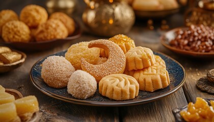 Traditional Arabic Eid Al Adha, Eid Al Fitr, And Ramadan Sweets - Variety Of Semolina Maamoul, Awameh, Lokma With Dallah And Crescent Moon Decoration.