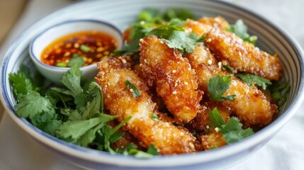 Fototapeta premium Crispy Fried Chicken Strips with Fresh Herbs and Dipping Sauce