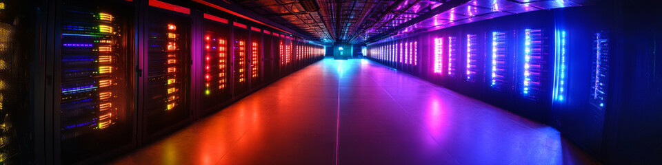 Fototapeta premium Panoramic view of a modern server room filled with rows of high-tech servers, illuminated by sleek LED lights in various colors, showcasing a futuristic and advanced technological environment