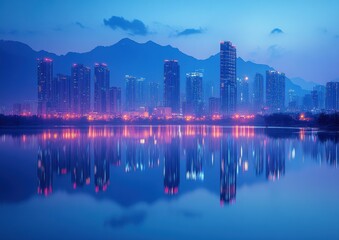 Fototapeta premium The calm river reflects the city’s glowing lights, set against a backdrop of mountains and cool evening hues.