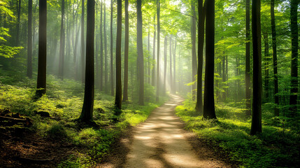 Obraz premium Serene Forest Trail with Sunlit Trees