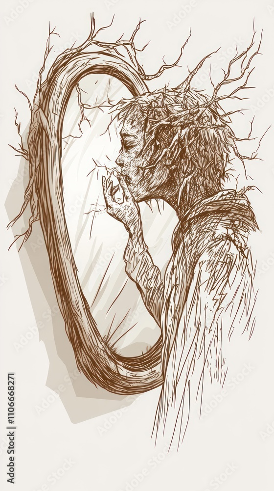 Poster a figure with branches reflects in a mirror, exploring themes of identity and nature.