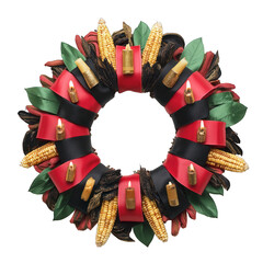 Festive Circular Wreath with Red Ribbons, Corn, and Candles for Kwanzaa Celebration, Perfect Background Decoration for Holiday Gatherings