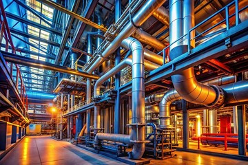 Obraz premium Modern Industrial Facility Piping Daytime View - AI Photorealistic