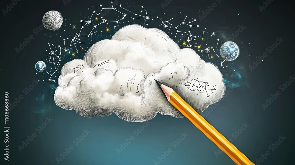 Poster a cloud with celestial elements and a pencil, symbolizing creativity and imagination.