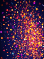 Vibrant confetti in the shape of stars against a dark blue background, lively atmosphere, festive decorations