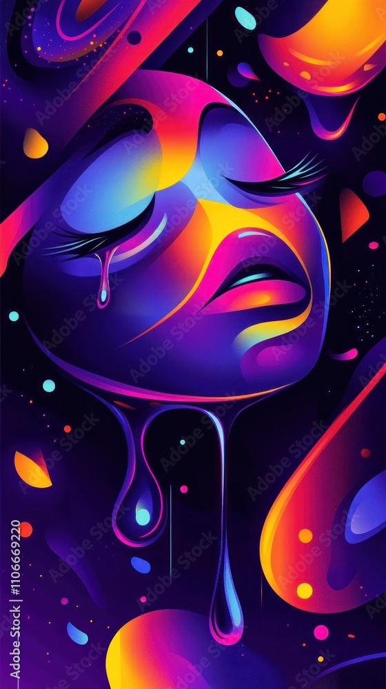 Poster a colorful, abstract representation of a face with vibrant hues and dripping elements.