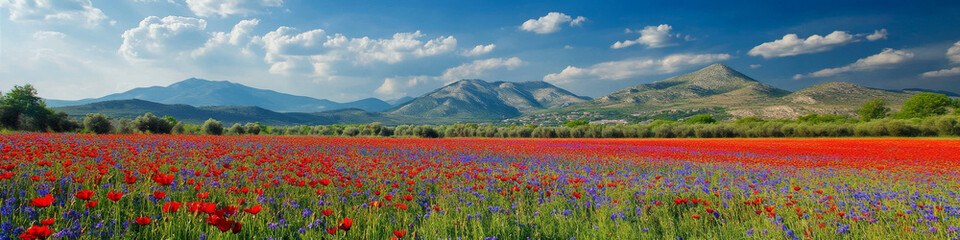 Fototapeta premium Photo of A field of flowers in full bloom amidst the mountains with a blue sky and floating clouds there