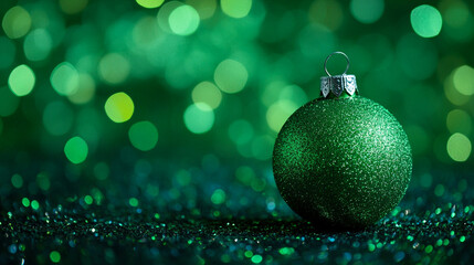 Green glittery Christmas ornament shines against a sparkling background
