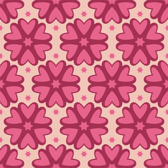 Pink floral seamless pattern with hearts and stars on beige background, romantic and cute design for valentine's day, wedding invitations, gift wrapping, decor