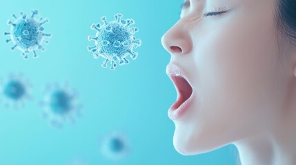 health risks symptoms immunity concept, A woman exhales while viruses float nearby, illustrating the spread of airborne pathogens in a blue-toned, health-related context.