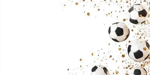 Wallpaper with soccer balls, white background with copy space. Sports template. Banner for birthday cards, invitations, football-themed advertisements