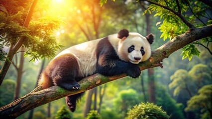 Fototapeta premium Sleepy Panda on Bifengxia Branch, Sichuan China Wildlife