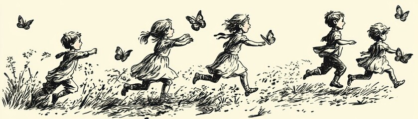 Fototapeta premium Children joyfully running and playing with butterflies in a whimsical, illustrated scene.