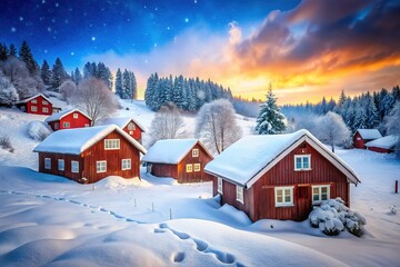 Naklejka premium Snowy Winter Villa, Red Wooden Houses, Long Exposure, AI Photo