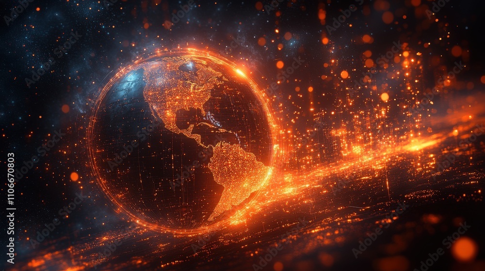 Poster captivating glowing earth visualization with sparkling particles and intergalactic elements represen
