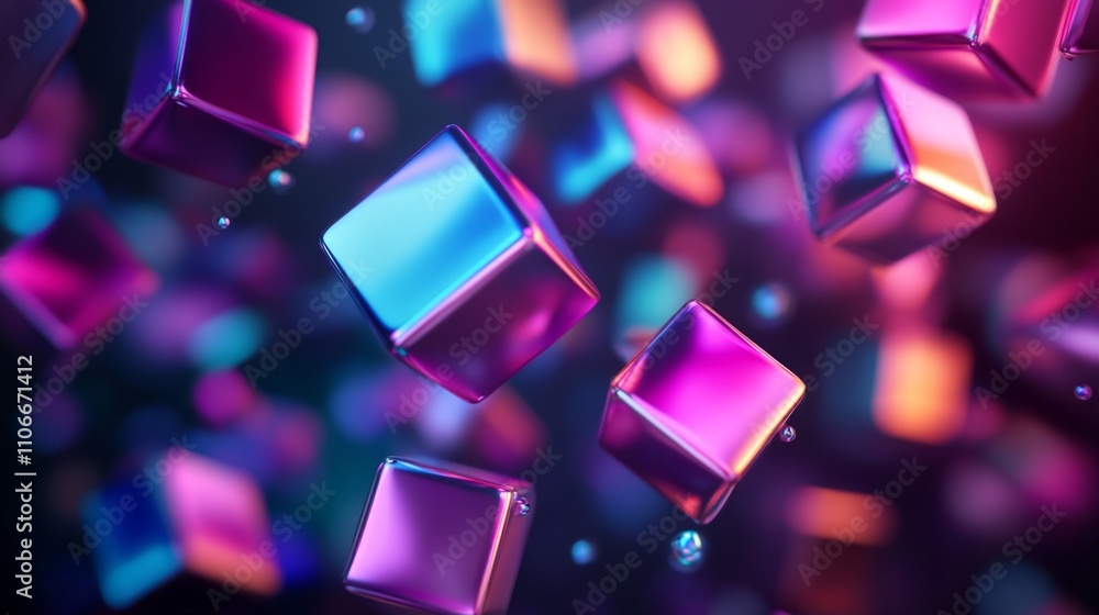Aufkleber Vibrant Floating Cubes in a Dark Mystic Background with Bokeh Effects
