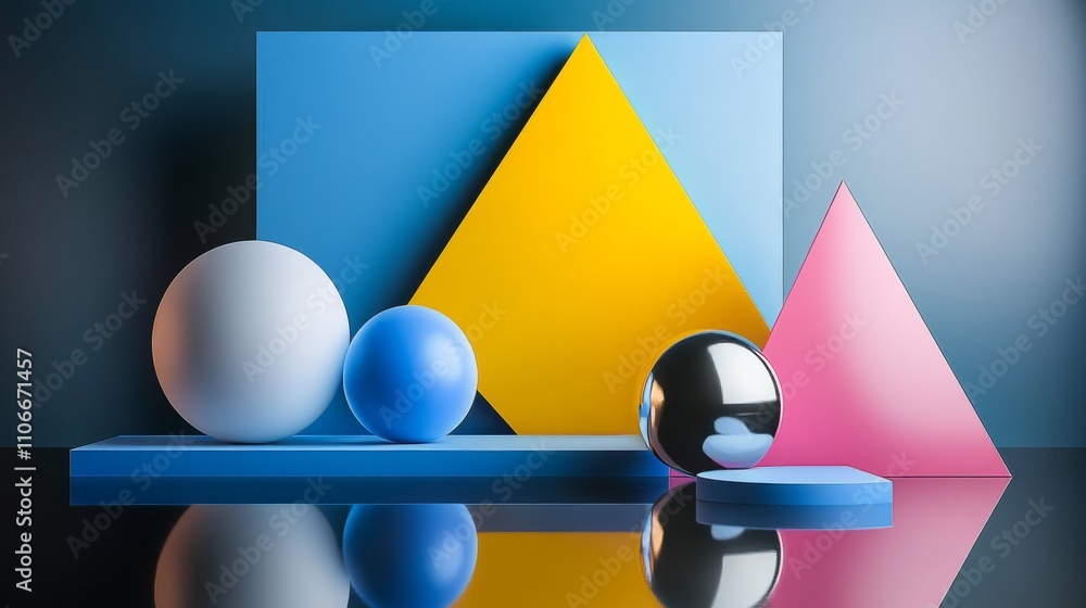 Poster Colorful Geometric Shapes with Reflections on a Smooth Surface