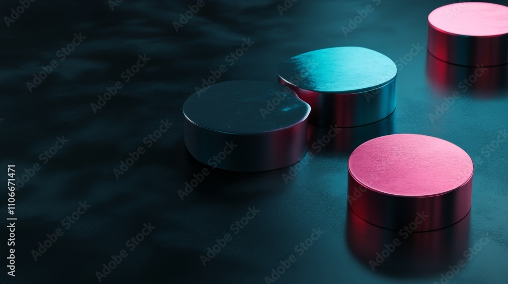 Poster modern circular metal objects with colorful lighting on dark surface