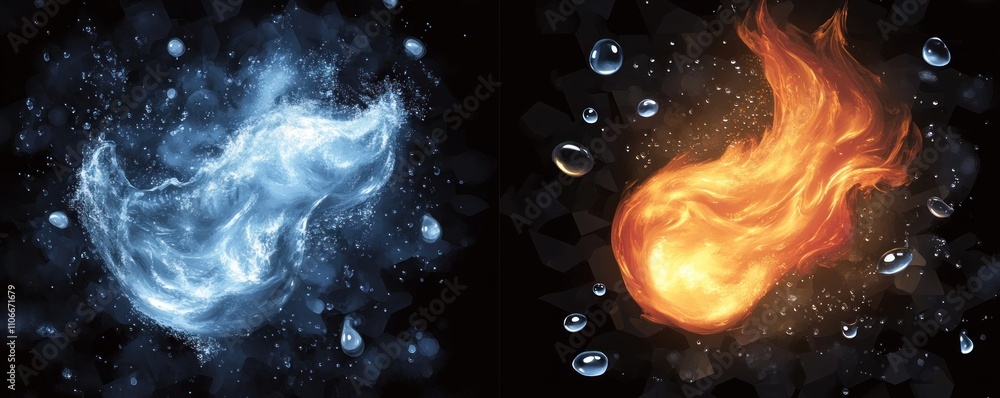 Poster abstract representation of water and fire elements in contrasting colors and textures.