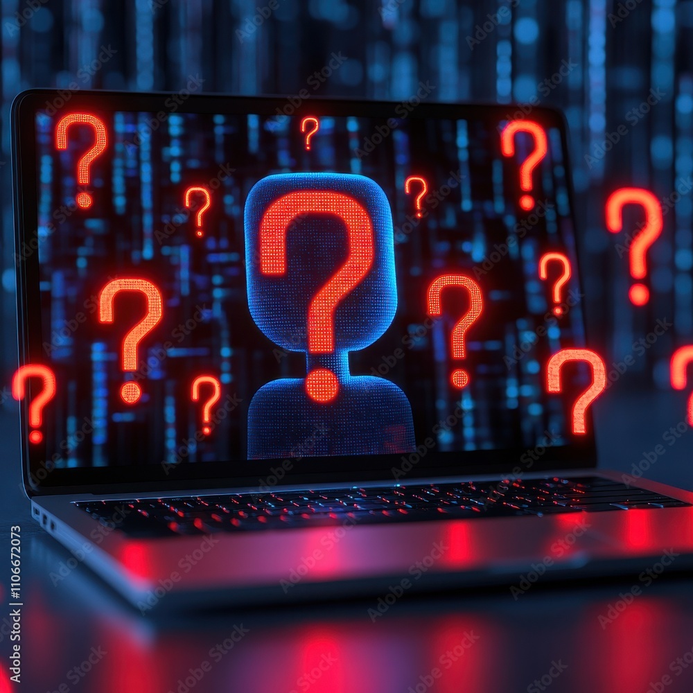 Poster a digital scene depicting a laptop with a glowing question mark, symbolizing uncertainty in the digi