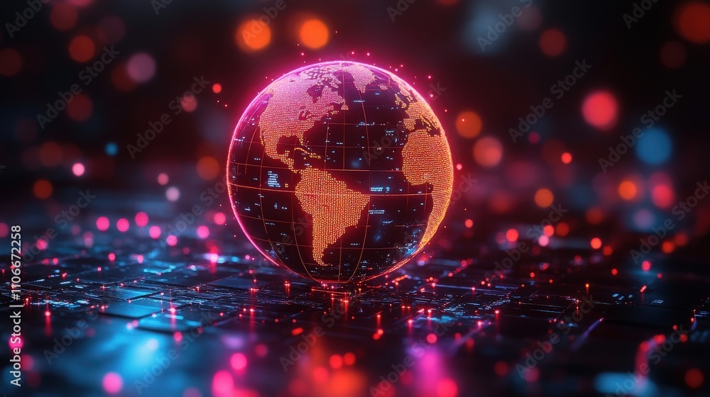 Poster futuristic glowing globe with digital data overlay representing global connectivity, technology, and