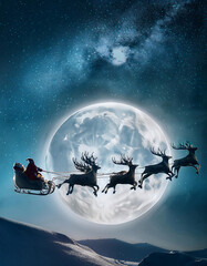 Obraz premium Santa Claus flies his sleigh pulled by reindeer through a starry night sky with a full moon