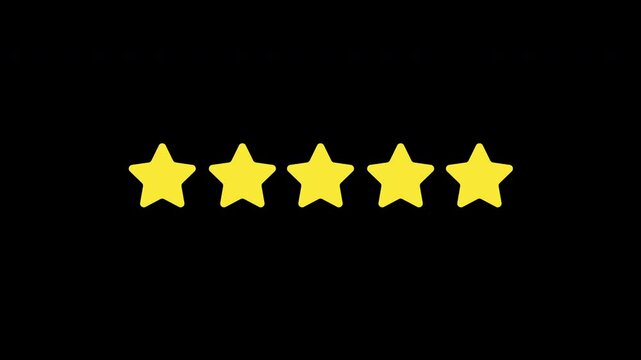 Gold 5 stars rating video animation. Five star feedback motion graphics black and greenscreen background