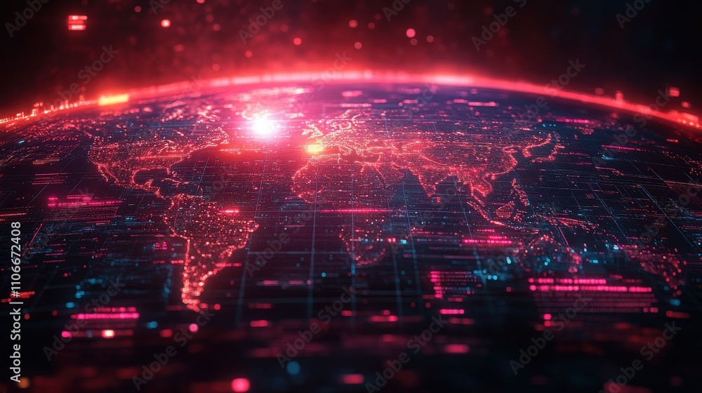 Poster futuristic view of earth from space with neon lights highlighting major cities and data streams over