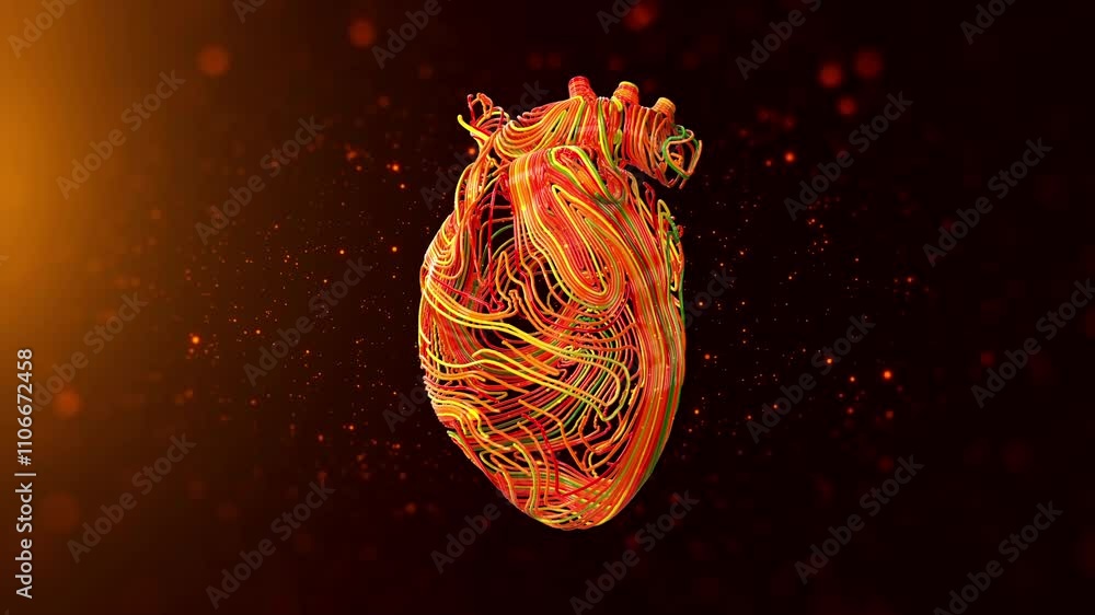 Poster mesmerizing motion view of an abstract human heart formed by glowing rope patterns, dynamic surface 