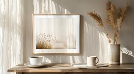 Neutral boho interior with dry plant vase, coffee cup, and art print.