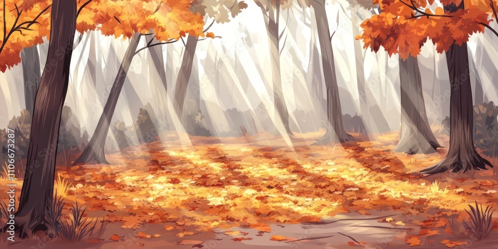 Poster A serene autumn forest with sunlight filtering through trees, creating a tranquil atmosphere.