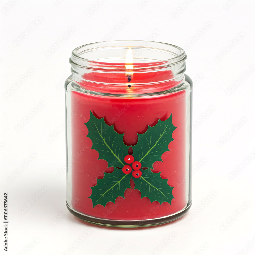 Wall mural A festive red candle in a glass jar with a holly leaf design