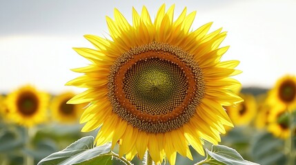 Obraz premium A vibrant sunflower in full bloom, surrounded by other sunflowers in a field.