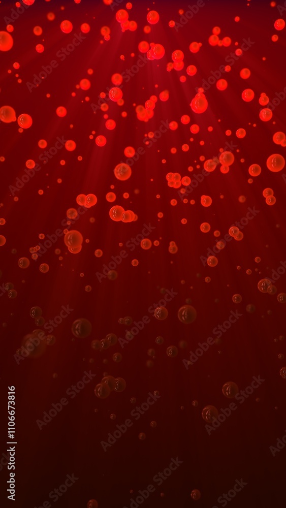 Poster red 3d balls with light rays at the top center on a dark background, vertical composition. event and
