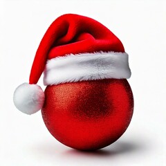 Santa Claus hat on top of a red ornament isolated on white