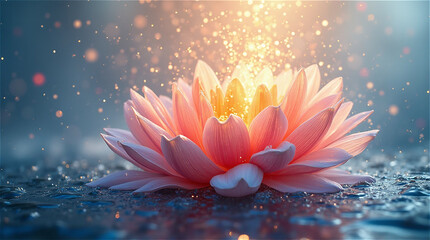 A lotus flower blooms beautifully in the warm sunlight on the water.