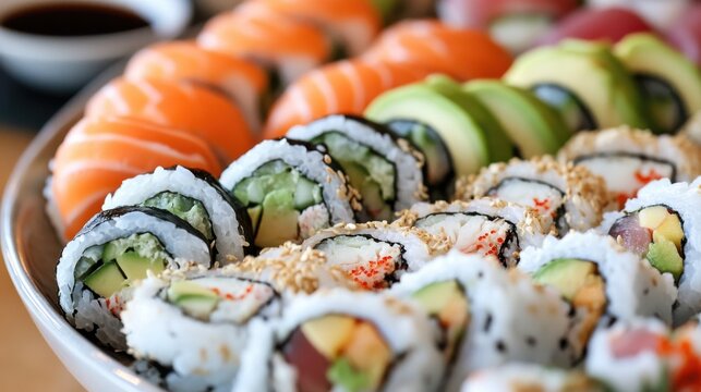 A platter of assorted sushi rolls featuring crab, avocado, and cucumber