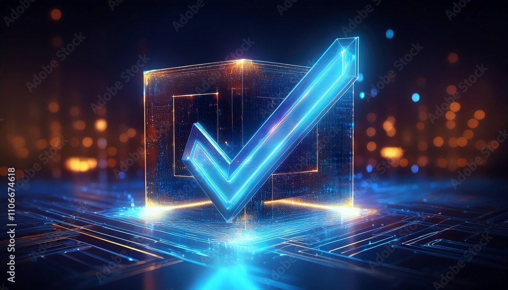 Poster a glowing blue checkmark inside a digital cube, symbolizing verification and security in a futuristi