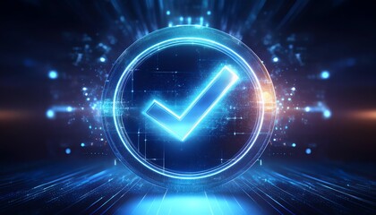 A glowing blue checkmark symbol within a circular digital design, representing approval or verification in a modern tech context.