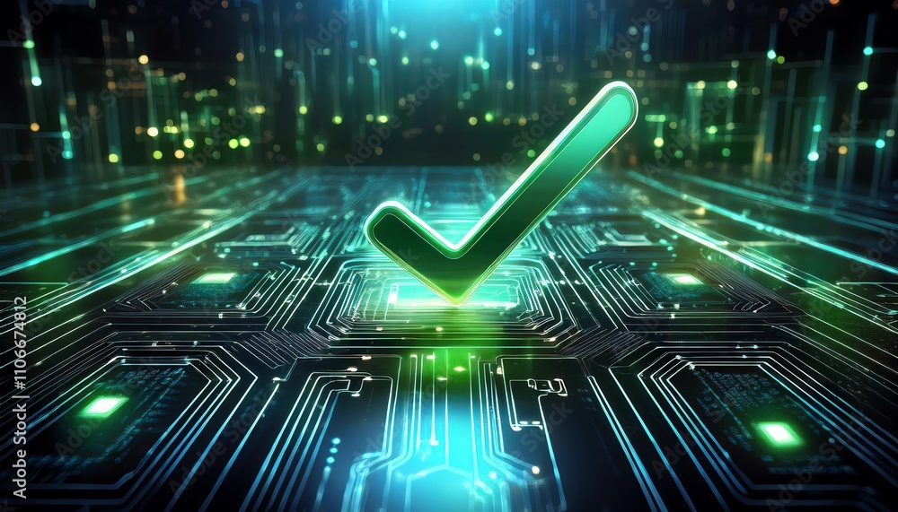 Poster a glowing green checkmark on a high-tech circuit board background symbolizes validation and success 