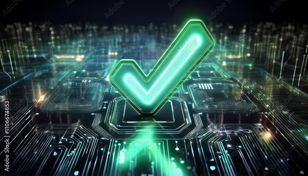 Aufkleber a glowing green checkmark symbolizing verification on a futuristic digital circuit background.
